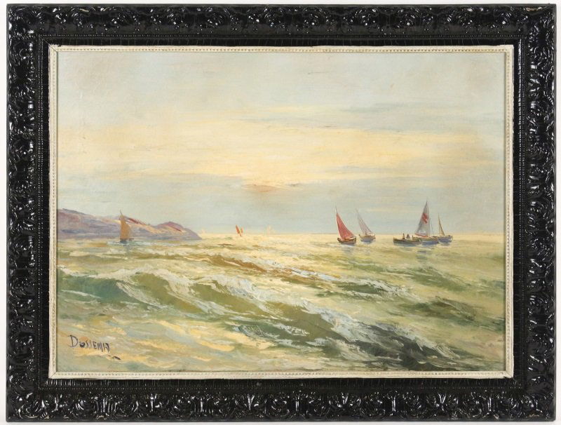 Italian School, "Sailboats", Oil on Canvas: Emilio Giuseppe Dossena (Italian, 1903-1987). "Sailboats", oil on canvas, signed lower left "Dossena". Painting depicts a ocean scene with a cluster of sailboats at right, some with sails down and car
