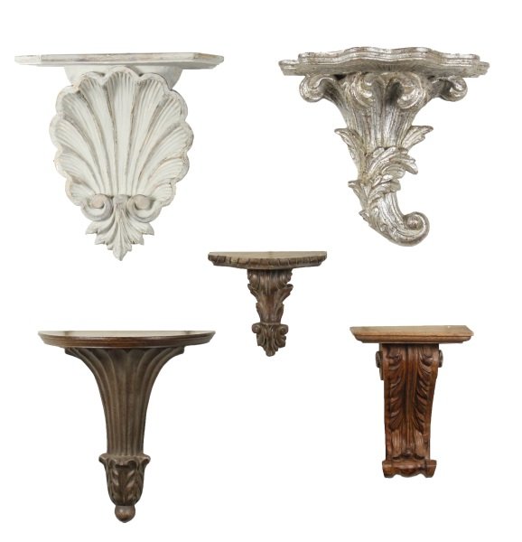 Collection of 5 Wall Brackets, 2 Italian: A collection of five wall brackets each of carved or molded wood or composite with shell motif or acanthus leaf decoration, three with natural wood finish, one faux painted in light blue, and one silv