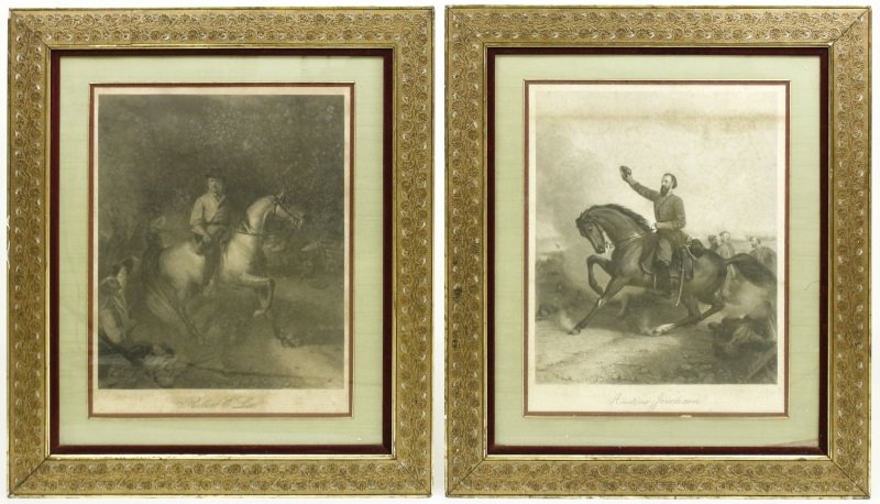 19th C. Engravings, Civil War Confederate Generals: American, 19th century. A pair of engravings comprising of one by Francois Dubois-Tesselin (French, b.1832) after Louis Mathieu Didier Guillaume (American, 1816-1892), "Robert E. Lee at the Battle of 