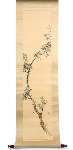 Edo Period Japanese Scroll Painting with Birds: Japanese, Edo Period (1603-1867), likely early 19th century. A kakemono or hanging scroll of watercolor on silk depicting a tall prunus fruit branch with two birds resting on it near the top, Marked t