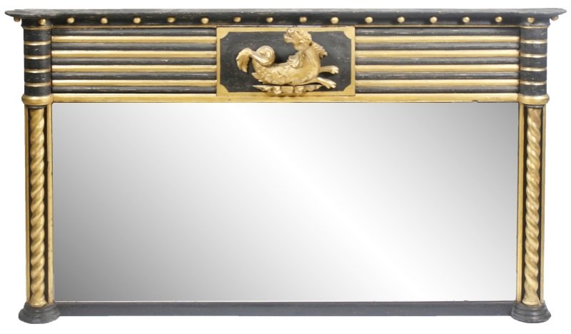 Regency Ebonized & Parcel Gilt Overmantel Mirror: English, Late 19th/Early 20th century. Regency style ebonized, parcel gilt and carved overmantel mirror with cornice with ball motif above horizontal ribbed decoration with central rectangular medalli