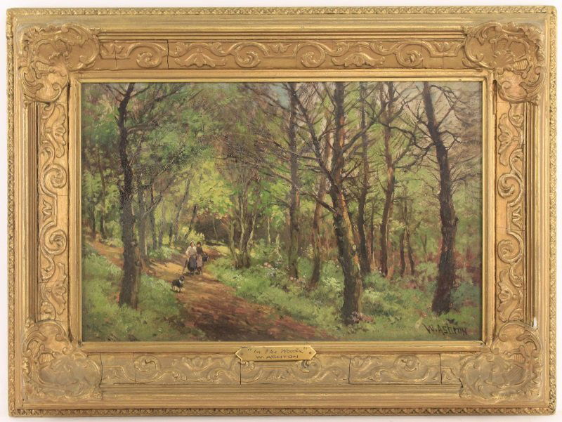 William Ashton Oil, "In The Woods", late 19th C.: William Ashton (British, 1853-1927). "In The Woods", oil on wood board, signed lower right "W. Ashton". Charming painting depicting a lush green landscape with well rendered trees throughout above hig