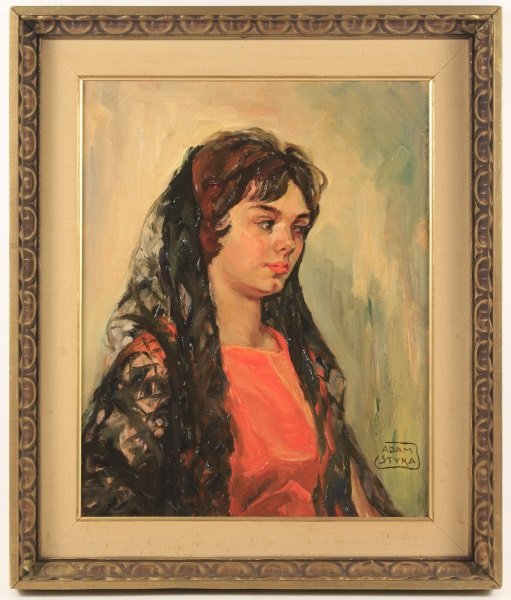 Adam Styka, Portrait of Young Woman, Signed: Adam Styka (American/Polish, 1890-1959),"Portrait of Young Woman", oil on canvas board, signed lower right. Figural painting depicting a young woman with black lace veil and red sleeveless dress at bu