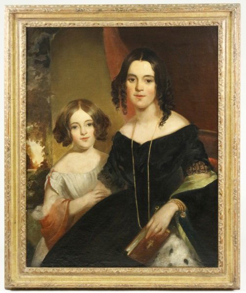 19th C American School Portrait, Mother & Daughter: Circle of Thomas Sully (American/ English, 1783-1872). "Portrait of Mother and Daughter", oil on canvas, apparently unsigned. 19th century portrait painting depicting a mother and daughter who share a