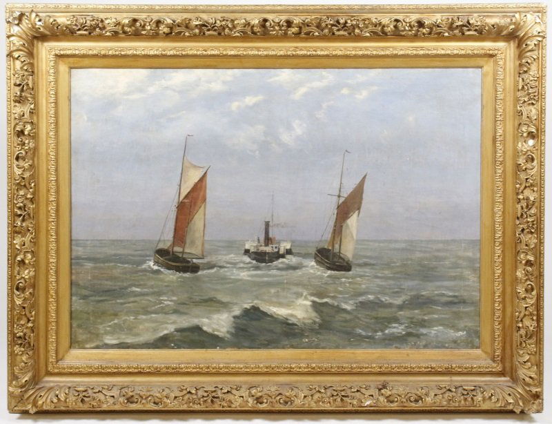 Manner of Henry Moore, 19th C. Maritime Oil: Manner of Henry Moore (British, 1831-1895). "Three Ships", oil on canvas, apparently unsigned. 19th century painting depicting three ships in open waters, a central steam powered boat holding two figu