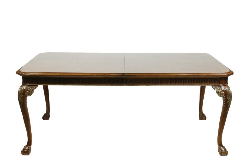 Burled Walnut & Walnut Parquetry Dining Table: American, 20th century. Burled walnut and walnut wood parquetry dining table of rectangular form with rounded corners above fluted apron supported on four acanthus leaf encrusted knees on cabriole leg