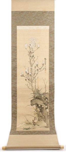 Japanese Edo Period Kakemono on Silk, Signed: Japanese, Edo Period (1603-1867), likely early 19th century. A kakemono or hanging scroll hand painted with watercolor on silk depicting soft white blossoms on a branch extending from a rock formation