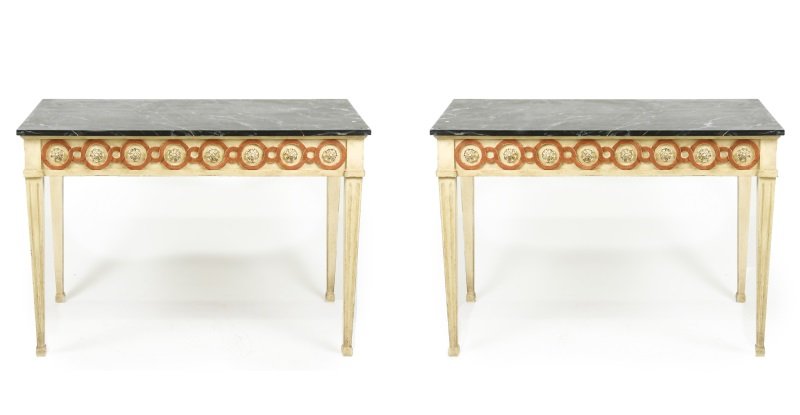Pair of Louis XVI Style Paint Decorated Consoles: Italian, Mid - 20th century. Pair of Louis XVI style painted decorated console tables, the rectangular top with simulated faux black marble over a cream and red painted frieze applied with guilloche a