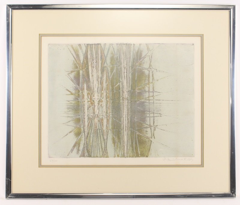 Krishna Reddy Abstract Intaglio in Blues, 27/100: Krishna Reddy (American/ Indian, b.1925). color intaglio print on wove paper, pencil signed and numbered below image "27/100" and "H. Krishna Reddy.". An abstract print in tones of light blues and gre