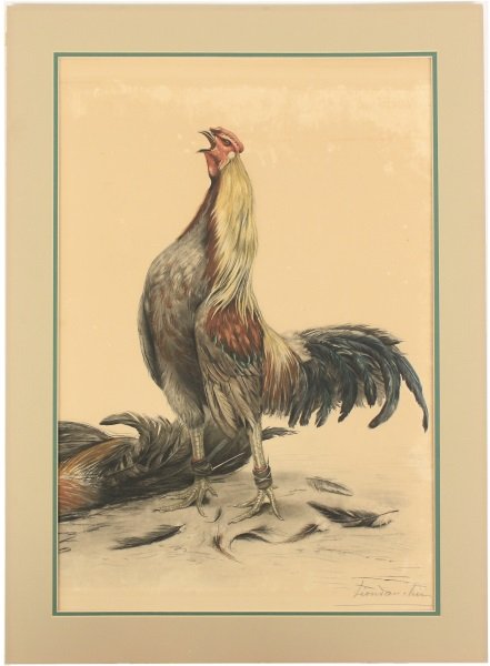 Leon Danchin Colored Etching "The Cock Fight": Leon Danchin (French/ American, 1887-1939). "The Cock Fight" - 1984, colored etching, pencil signed lower right "Leon Danchin". Etching depicting a rooster standing at center with opened beak upturned