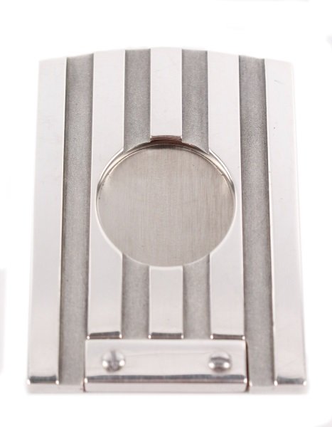 Tiffany & Co. Sterling Silver "Atlas" Cigar Cutter: Tiffany & Co. sterling silver "Atlas" cigar cutter of rectangular form with curved end, minimal sophisticated ornament in striped motif in matte and polished silver. Marked on back "TIFFANY & CO. 925"