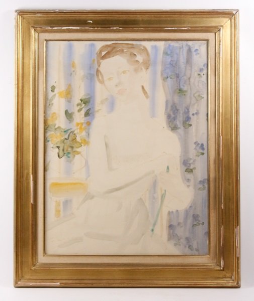 Philippe Henri Noyer, Watercolor of a Young Woman: Philippe Henri Noyer (French, 1917-1985), "Seated Young Woman"-1956, watercolor on paper, signed and dated lower left "Ph. Noyer 56". Loosely rendered watercolor figural painting depicting a standard 