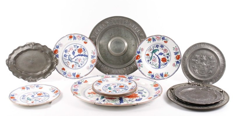 6 Pewter Items & 7 Pcs Booths Silicon China: Collection of six assorted 19th and 20th century pewter plates and chargers comprising of one unmarked circular charger with ornate Bacchanalian grotesque mask motif on rim (diameter 13.8"); a Manning