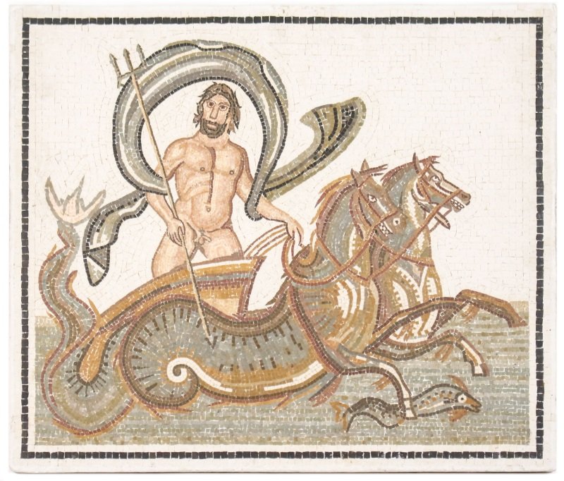 Museum Reproduction Mosaic, Triumph of Neptune: Continental, 20th century. A mosaic panel after the third century Roman original floor mosaic housed at the MusÃ©e ArchÃ©ologique de Sousse in Tunisia, the mosaic depicting the mythological Roman 