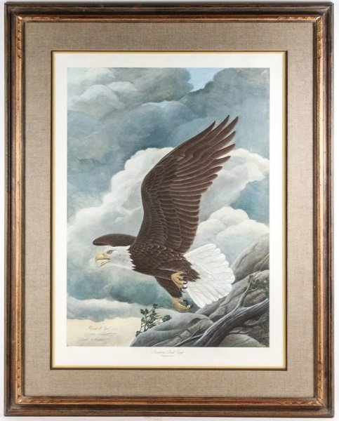 Ruthven "American Bald Eagle" Signed by Pres. Ford: John Ruthven (American (Ohio), b.1924). "American Bald Eagle", chromolithograph, pencil signed lower left by the artist and President Gerald R. Ford above the in-plate signature of the artist. Lithogr