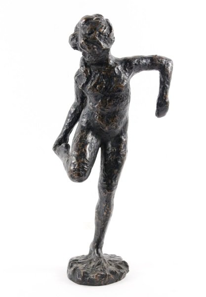 After Edgar Degas, Bronze, Dancer Holding Her Foot: After Edgar Degas (French, 1834-1917). "Dancer Holding Her Foot", cast bronze, incised signature behind foot "Degas". Likely a later casting of the original, figural bronze sculpture depicting a femal