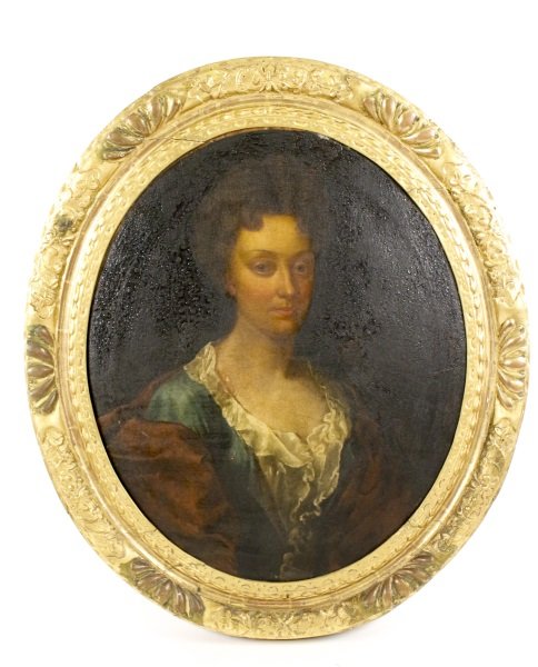 O/C Oval Portrait of a Woman in Ornate Frame: Continental School, first half 19th century. "Portrait of a Lady", oil on canvas, apparently unsigned. Ovular formatted painting depicting a young woman at bust length with curled brown hair affixed a
