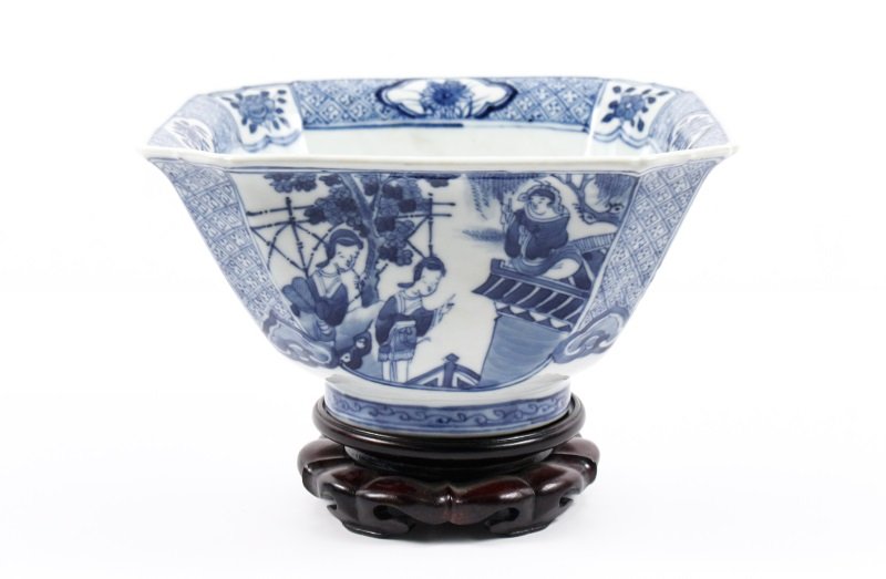Chinese B/W Square Porcelain Bowl, Xuande Mark: Chinese, Ming Dynasty Xuande Period mark (1424-1435), likely 20th century. A square porcelain bowl of tapered form with chamfered corners and a round foot, with cobalt blue underglaze decoration on wh