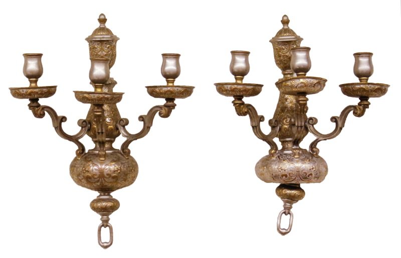 Pair of Silver-Gilt Bronze 3 Arm Wall Sconces: Continental School, Early 20th century. Pair of silver-gilt bronze three armed candle wall sconces with three swollen candlestick holders above rounded candle cups with engraved scrolled foliates on S