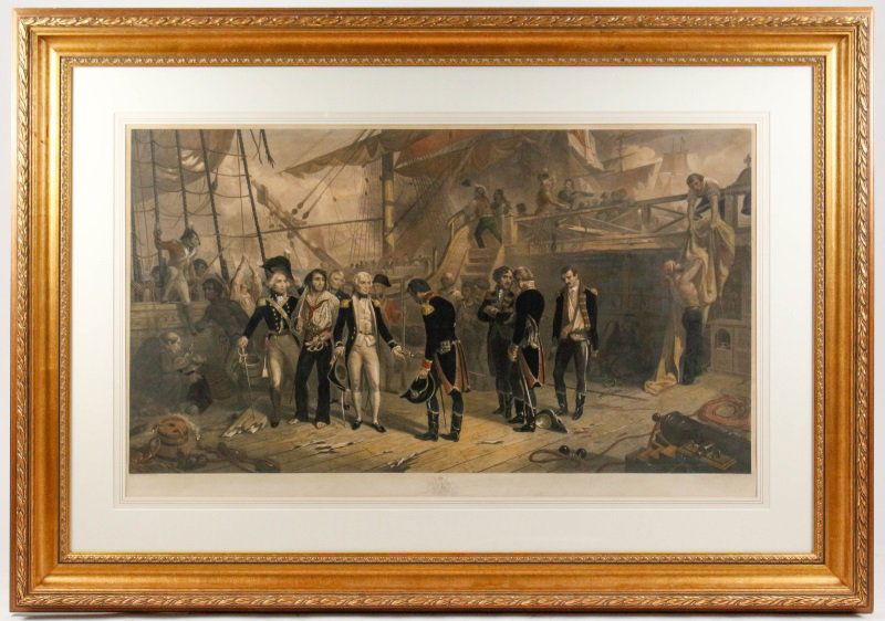 "Nelson Receiving the Swords", C. Lewis Engraving: Charles Lewis (English, 1808-1880) after Thomas Barker (British, 1769-1847). "Nelson Receiving the Swords on Board the San Josef, February 14 1797", hand colored mezzotint and line engraving originall
