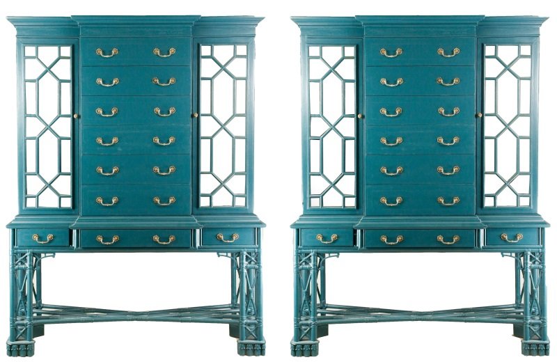 Pair of Chinese Style Cabinets, Maitland Smith: Pair of 20th century Chinese Chippendale style paint decorated cabinets by Maitland Smith, re-purposed, with breakfront pediment over a conforming case centered with 6 drawers flanked to each side by 
