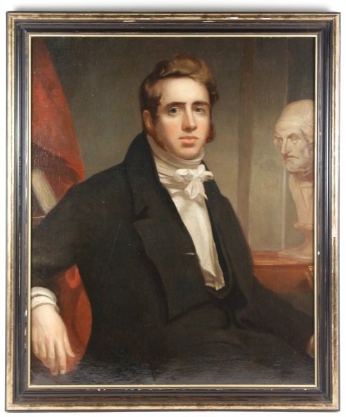 British School Portrait of an Artist, 19th C. Oil: British School, 19th century. "Portrait of Thomas Clement Thompson", oil on canvas, apparently unsigned. Interior portrait painting depicting a young man, presumably Thomas Clement Thompson (British,