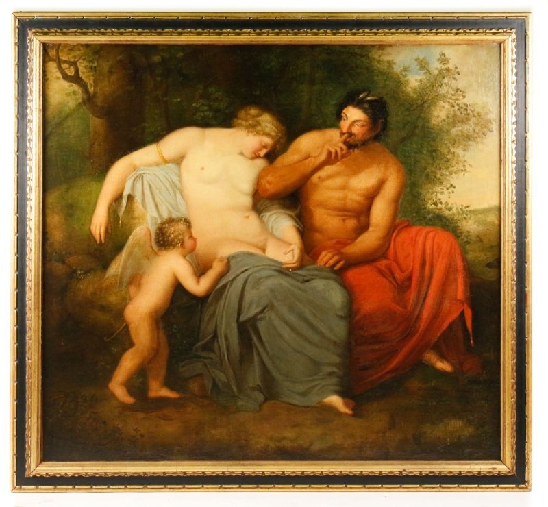 18th C. Allegorical Oil w/ Satyr, Putto, & Venus: Continental School, 18th century. "Mythological Scene with Satyr and Putto", oil on canvas laid down on board, apparently unsigned. Large format Old Master allegorical panting depicting a figural grou