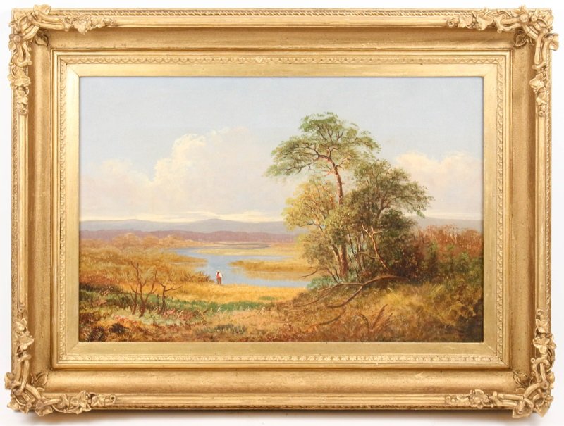 American School Oil, 19th/20th C. "The Fisherman": American School, late 19th/ early 20th century. "The Fisherman", oil on canvas, apparently unsigned. Landscape painting, possibly a Hudson River School work, depicting a wide vista with meandering riv