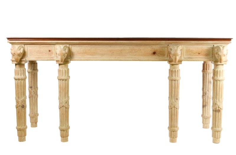 Neoclassical Style Long Serving Table by Baker: American, 20th century. A Neoclassical style stained and carved heart of pine serving table by Baker Furniture, the long, molded stained top over a paneled frieze raised on reed, tapered and ribbon wr