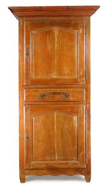French Provincial Homme Debout Cupboard, 18th C: French, 18th century. French Provincial fruitwood Homme Debout cupboard cabinet with projecting cornice over a two shaped paneled cupboard doors separated by a single long drawer, with scallop apron o