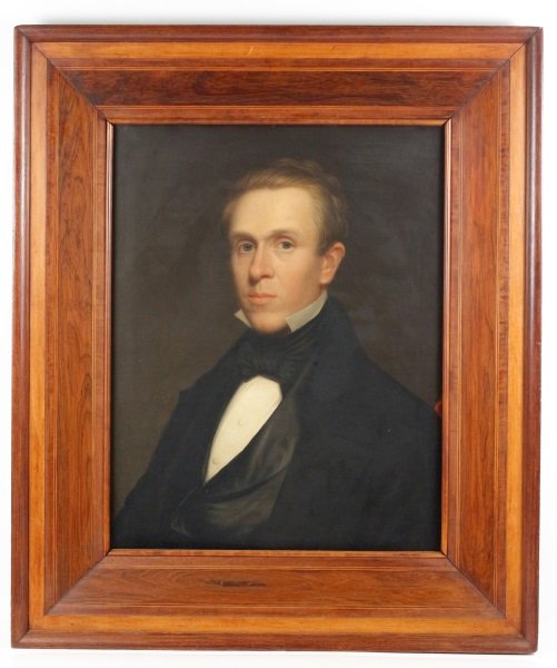 19th C. British School "Portrait of Man in Tuxedo": British School, 19th century. "Portrait of Man in Tuxedo", oil on canvas, apparently unsigned. Finely rendered painting depicting a young man at bust length on a solid dark background, the man with bl