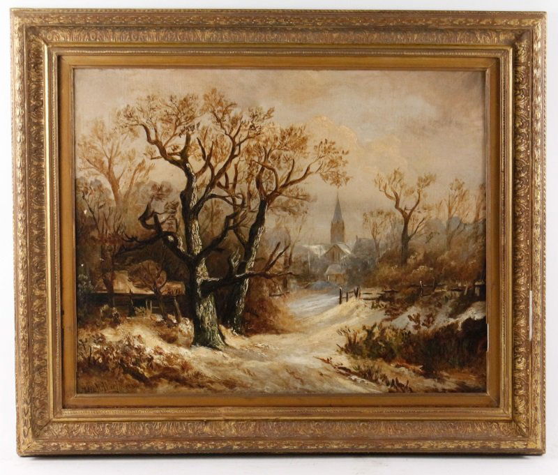 German Winter Landscape, Signed 1886 Oil on Canvas: Continental School, fourth quarter 19th century. "The Church Path" - 1886, oil on canvas, signed and dated lower left "Am. H. Bach". Likely German School winter landscape painting depicting a snowy co