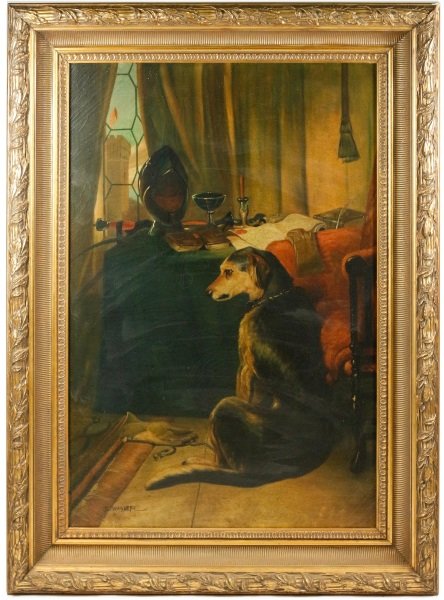 "Hound in the Study", 20th C. American School Oil: American School, 20th century. "Hound in the Study", oil on canvas, signed lower left "L. Wagner". Painting depicting a Medieval period interior scene with a hound dog at center resting on back legs a