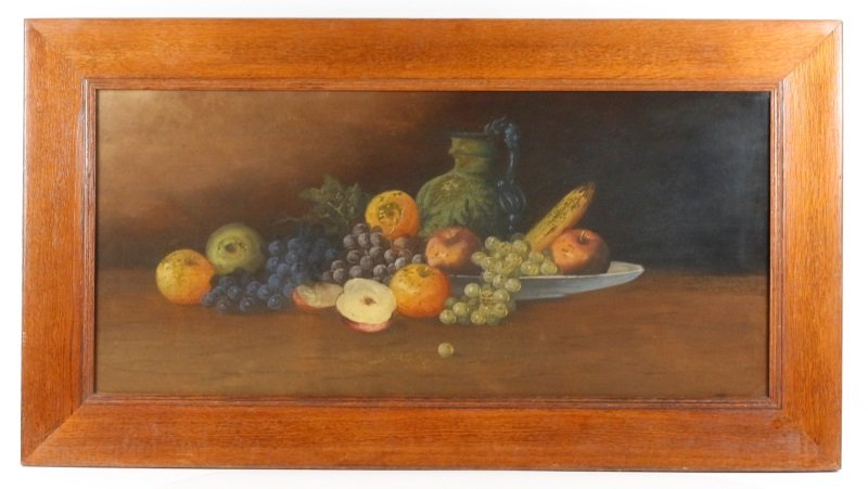 American School, Still Life with Fruit, Pastel: American School, 19th century. "Still Life with Fruit", pastel, illegibly signed lower right. Still life work depicting a wooden table with bowl and handled pitcher amid bananas, applies, grapes and o