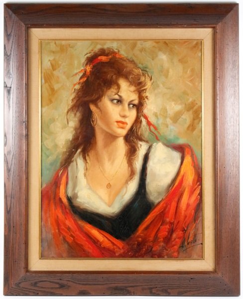 "Italian Gypsy Maiden", Oil on Board, Signed: Continental School, mid 20th century. "Italian Gypsy Maiden", oil on artists board, signed lower right "D. Gatti". Portrait painting depicting a brunette beauty at busty length with her tousled brown 