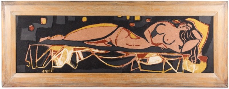Modern Nude, Mixed Media Sand Painting, Signed: 20th century. Large and heavy mixed media sand painting depicting a reclining female nude in minimal streamlined modern aesthetic. Woman depicted lounging on a chaise, figure with long hair, rounded b
