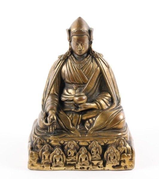 Chinese Gilt Copper Seated Guanyin Buddha: Chinese, 20th century. Chinese gilt copper seated Guanyin Buddha seated in the double lotus position, holding a willow bough in one hand and the Vase of Immortality in the other. The base molded with