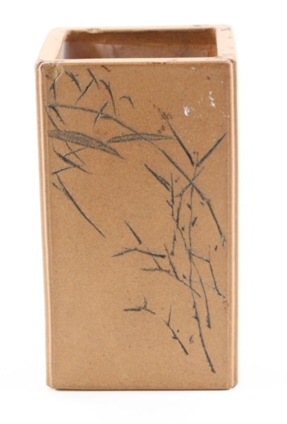 Chinese Yellow Yixing Vase, Calligraphy & Bamboo: Chinese, 20th century. A small yellow Yixing Zisha vase or brush pot of rectangular form with two opposing sides each having incised calligraphic marks, the remaining two sides with incised bamboo or 