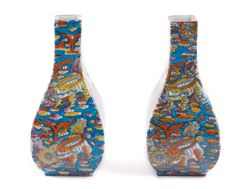 Pair of Unusual Transferware Vases w/Asian Motif: Pair of unusual matching transferware table vases with minimal form with swelled bodies decorated with guardian lions or foo dogs, floral rosettes and cloud scrolls with hand painted red, blue, orange