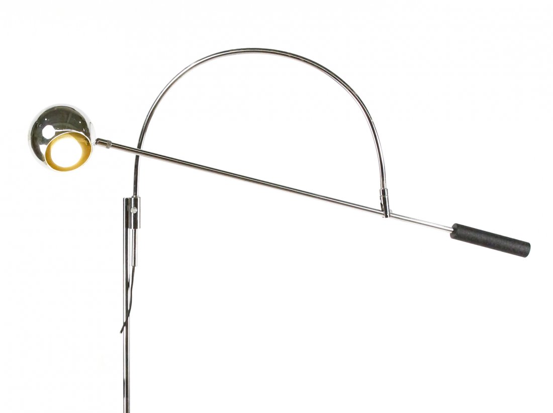 Robert Sonneman Orbiter Chrome Floor Lamp: American, circa 1960s. Robert Sonneman chrome Orbiter floor lamp with black counter-balance handle, rotating globe shade, and adjustable and pivoting chrome arm on circular black base. Approximate hei