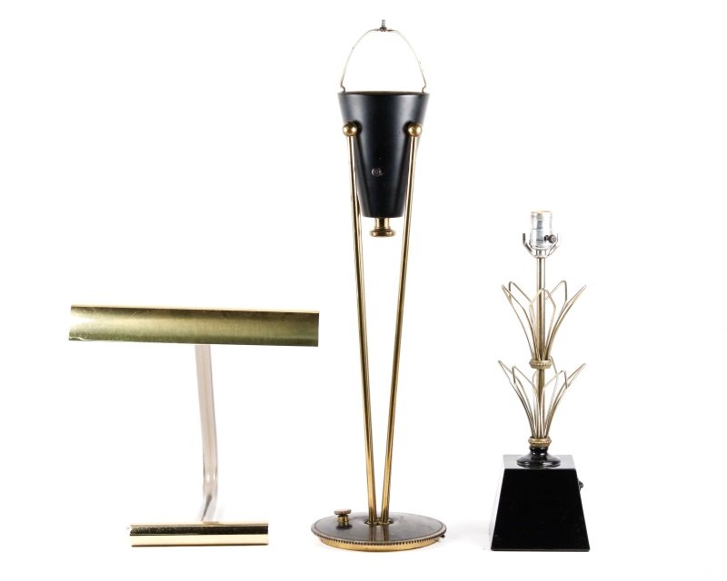 Group of 3 Modern Table Lamps with Brass: A collection of three modernist table or desk lamps comprising of a Peter Hamburger for George Kovacs desk lamp c. 1970s with smoked lucite bent tubular construction having brass foot as a bar perpend