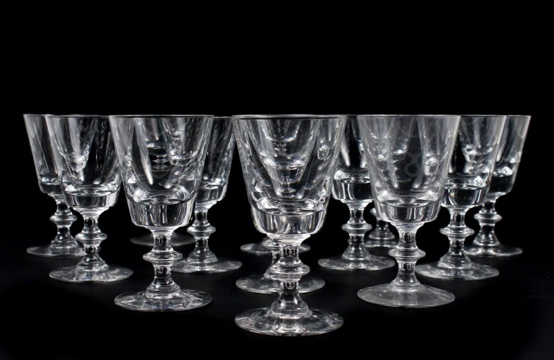 13 Val St. Lambert "State Plain" White Wines: Belgian, circa 1950s. Set of 13 Val St. Lambert white wine glasses in the "State Plain" pattern with conical bowl on circular foot. Acid etched VSL on the base. Approximate height 5.12. Note: Pattern 