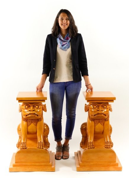 Pair of Mark David Foo Lion Stands or Side Tables: American, 21st century. Pair of Mark David figural jardiniere stands or side tables modeled as foo dogs or guardian lions. The orange Buddhist lions seated, the face with bulging eyes over snarling mo
