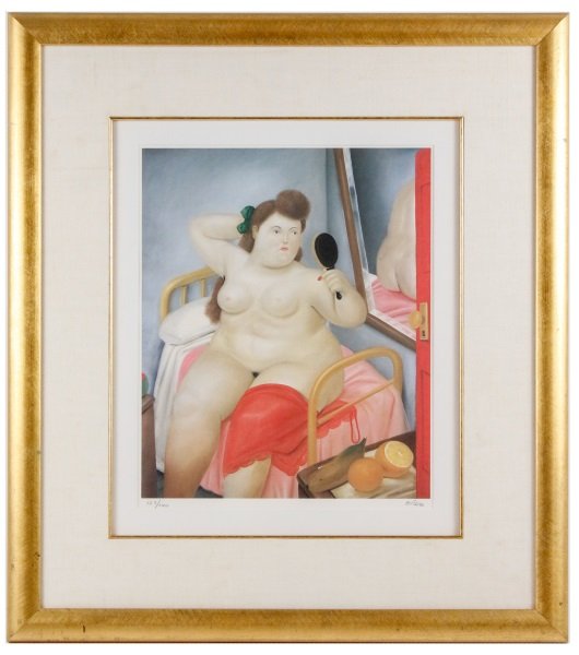 Fernando Botero "La Toilette" Lithograph, Signed: Fernando Botero (Colombian, b. 1932- ), "La Toilette"-1983, offset lithograph in colors on woven paper, pencil signed lower right margin, numbered "123/200" lower left margin. Figural lithograph print