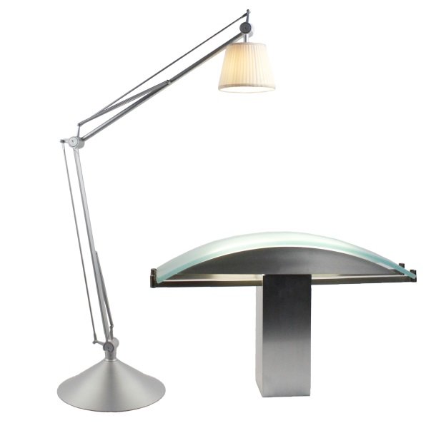 Two Modernist Brushed Aluminum Table Lamps: American/ French, 20th century. A group of two modernist brushed aluminum table or desk lamps comprising of one Robert Sonneman for George Kovacs desk lamp c.1987 with central wide rectangular shaft s