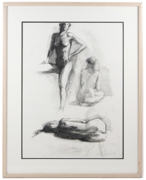 Marc Chatov, Signed Charcoal Figure Study on Paper: Marc Chatov (American (Georgia), b.1953. "Figure Study"-1990, charcoal on paper, signed and dated lower right. A collection of three skilled drawings on one sheet depicting a nude female in various po