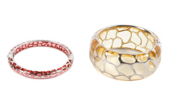 Two Angelique de Paris Sterling Safari Bracelets: Collection of two designer Angelique de Paris "Safari" hinged bangle bracelets comprising of a thin bracelet with pink acrylic form with sterling silver overlay work recalling an exotic animal print w