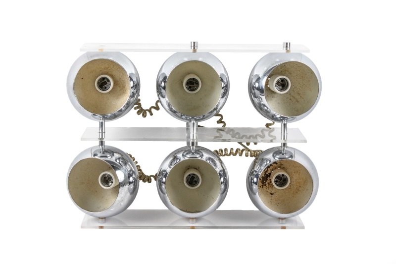 1960s Lucite & Chrome Atomic Pendant Light: Manner of Robert Sonneman (American, mid 20th century). A chrome and lucite pendant lamp or chandelier with two rows of three ball form polished chrome lamps separated and bookended by three rectangul