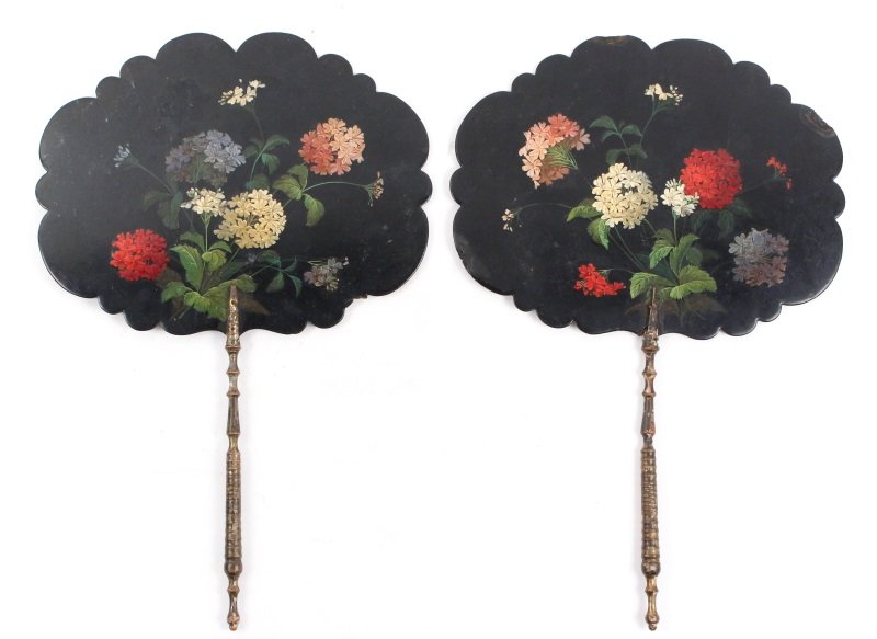 Pair of Regency Lacquered Fans w/ Florals, 19th C. (1 of 9)