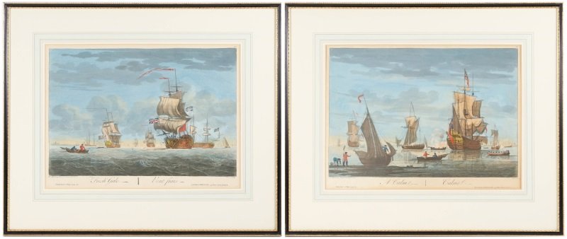 "A Calme" "Fresh Gale" Pair of Maritime Engravings: Engraved by Remigius Parr (English, fl. mid 18th century) and designed by John Swaine (British 1725-1782) after Peter Monamy (British, 1681-1749) "A Calme/Calmel" and "Fresh Gale/Vent Frais", hand col
